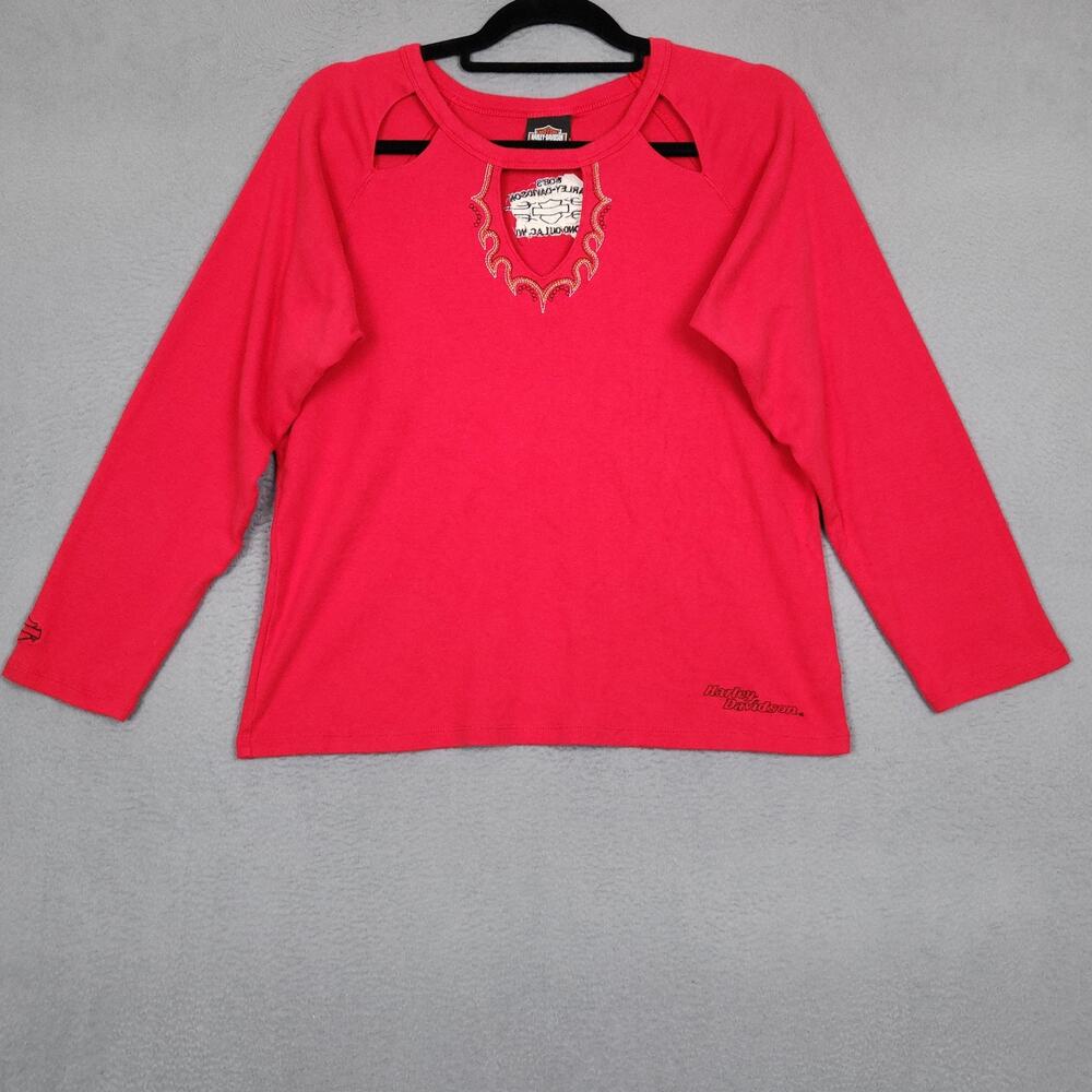 Harley-Davidson Shirt Womens XL Red Long Sleeve Keyhole Raglan Fond Du Lac WI